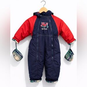 Vintage Baby B’Gosh Snowsuit 12M Navy Red Hooded Snow Suit Winter One Piece